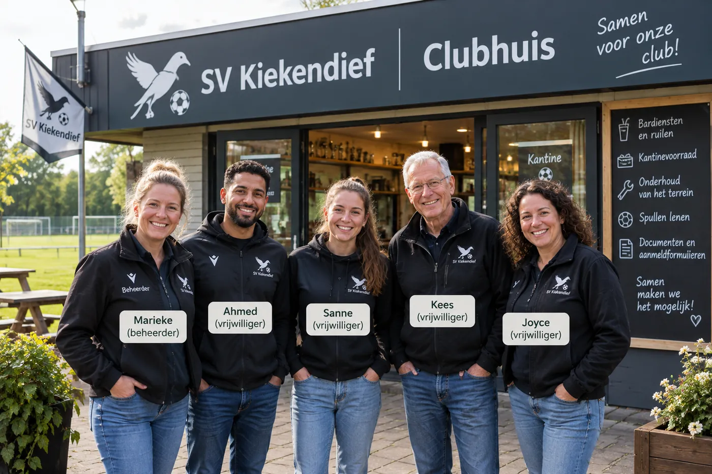 Vijf vrijwilligers voor het clubhuis van SV Kiekendief: Marieke (beheerder), Ahmed, Sanne, Kees en Joyce.