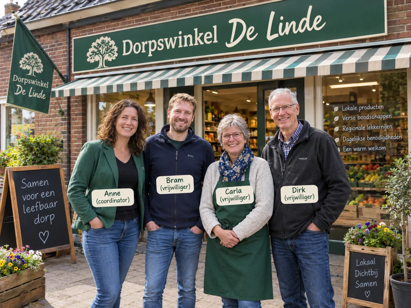 Vier vrijwilligers voor Dorpswinkel De Linde: Anne (coördinator), Bram, Carla en Dirk.